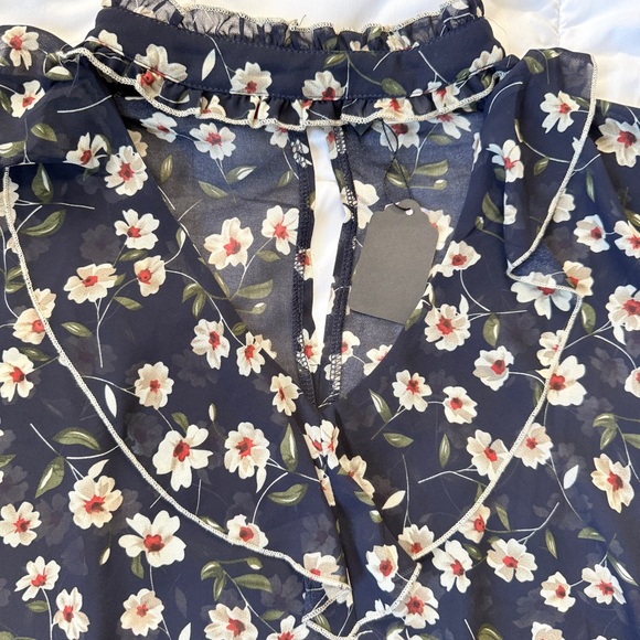 POL Navy Floral Ruffle Sheer Blouse Women’s Large Boho Romantic Cottagecore NWT - Picture 2 of 10